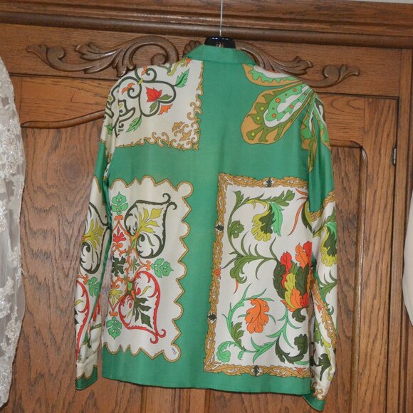Vintage 1960s Emilio Pucci 100% Silk Blouse Green Orange Size 10 -XS SMALL/SMALL - Picture 4 of 15